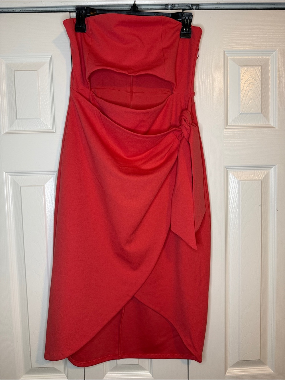 Strapless coral Midi Dress with Side Tie